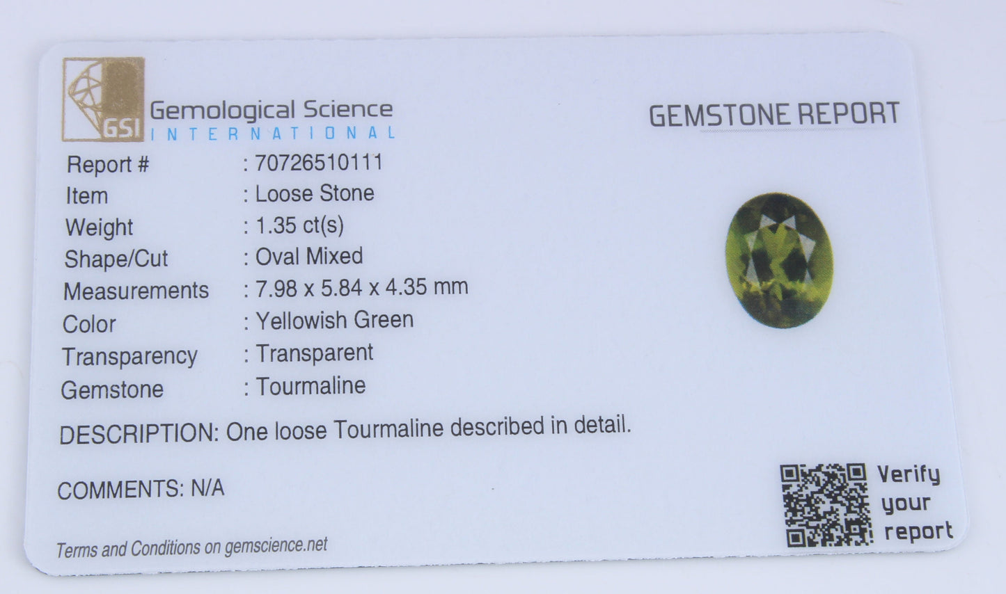 GSI Certified Natural 1.35 Ct Green Tourmaline Oval Cut, Genuine Verdelite Tourmaline Unmounted Faceted Gemstone For Jewelry Making