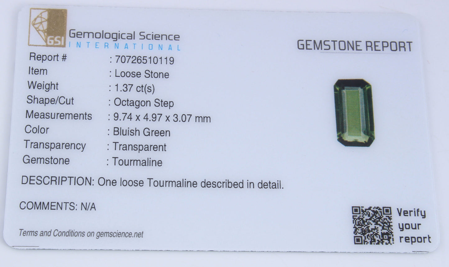 GSI Certified 1.07 Ct Natural Green Tourmaline Octagon Cut, Genuine Verdelite Tourmaline Unmounted Gemstone for Jewelry Making