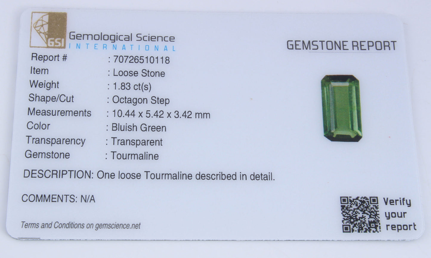 Natural GSI Certified Verdelite Tourmaline 1.83 Ct Octagon Cut Loose Gemstone, Genuine Unmounted Green Tourmaline Faceted Gemstone