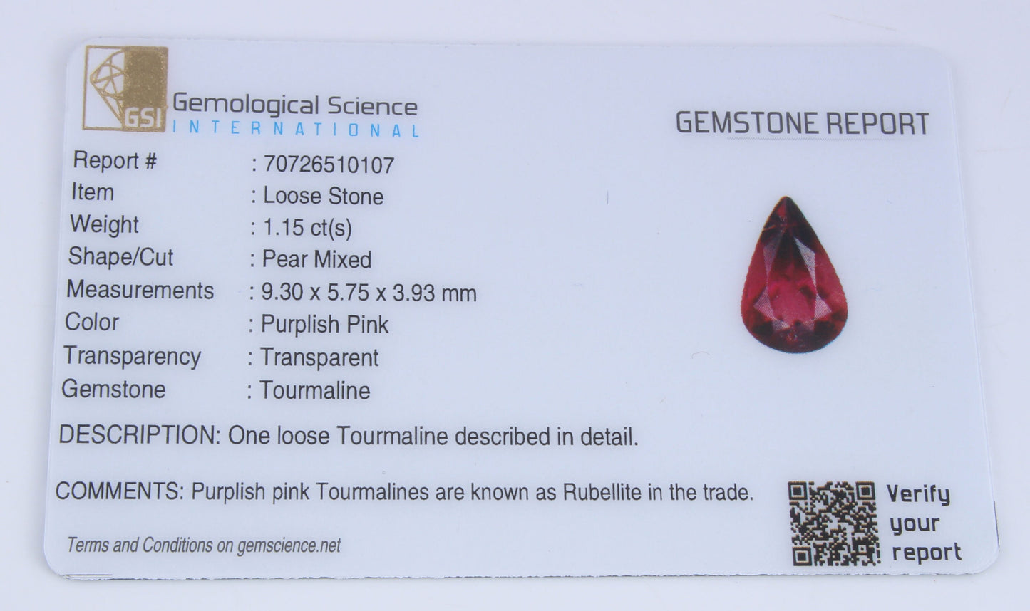 Natural GSI Certified Rubellite Tourmaline Pear Cut 1.15 Ct Loose Gemstone, Genuine Rubellite Unmounted Gemstone