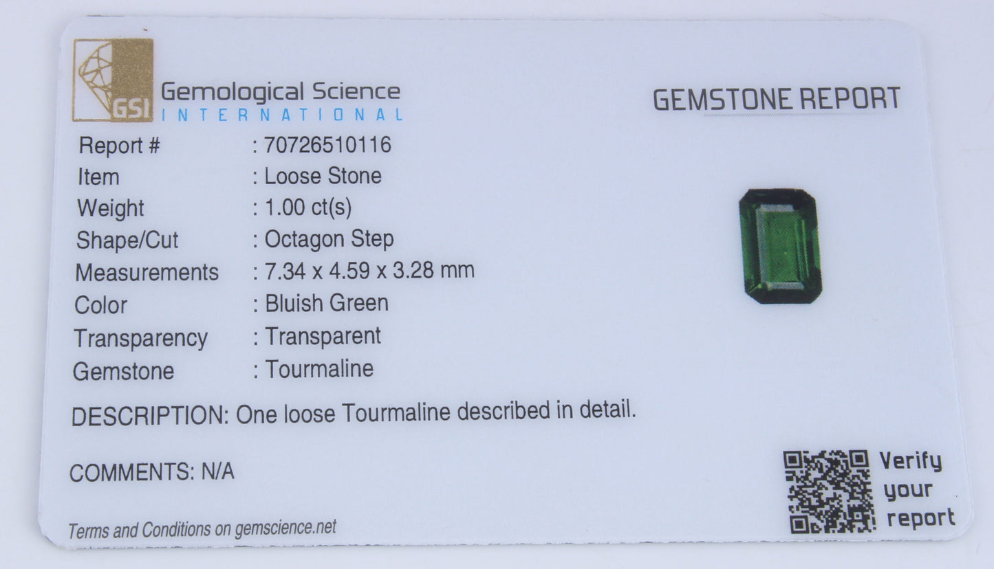 GSI Certified Natural 1 Ct Verdelite Tourmaline Octagon Cut Loose Gemstone, Genuine Green Tourmaline Unmounted Gemstone For Jewelry Making