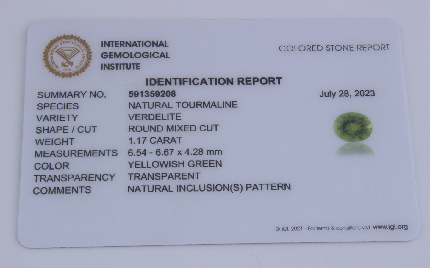 High Grade IGI Certified 1.17 Ct Green Verdelite Tourmaline Round Cut 6.54 - 6.67 x 4.28 mm Loose Gemstone For Jewelry Making