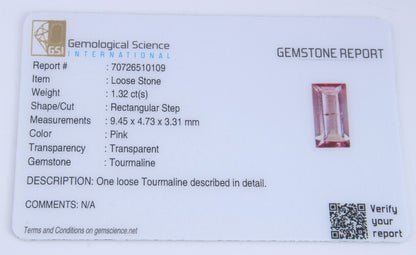 Natural GSI Certified Rubellite Tourmaline Baguette Cut 1.32 Ct Loose Gemstone, Genuine Rubellite Unmounted Gemstone