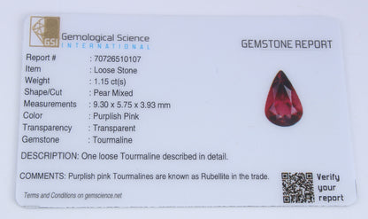 Natural GSI Certified Rubellite Tourmaline Pear Cut 1.15 Ct Loose Gemstone, Genuine Rubellite Unmounted Gemstone