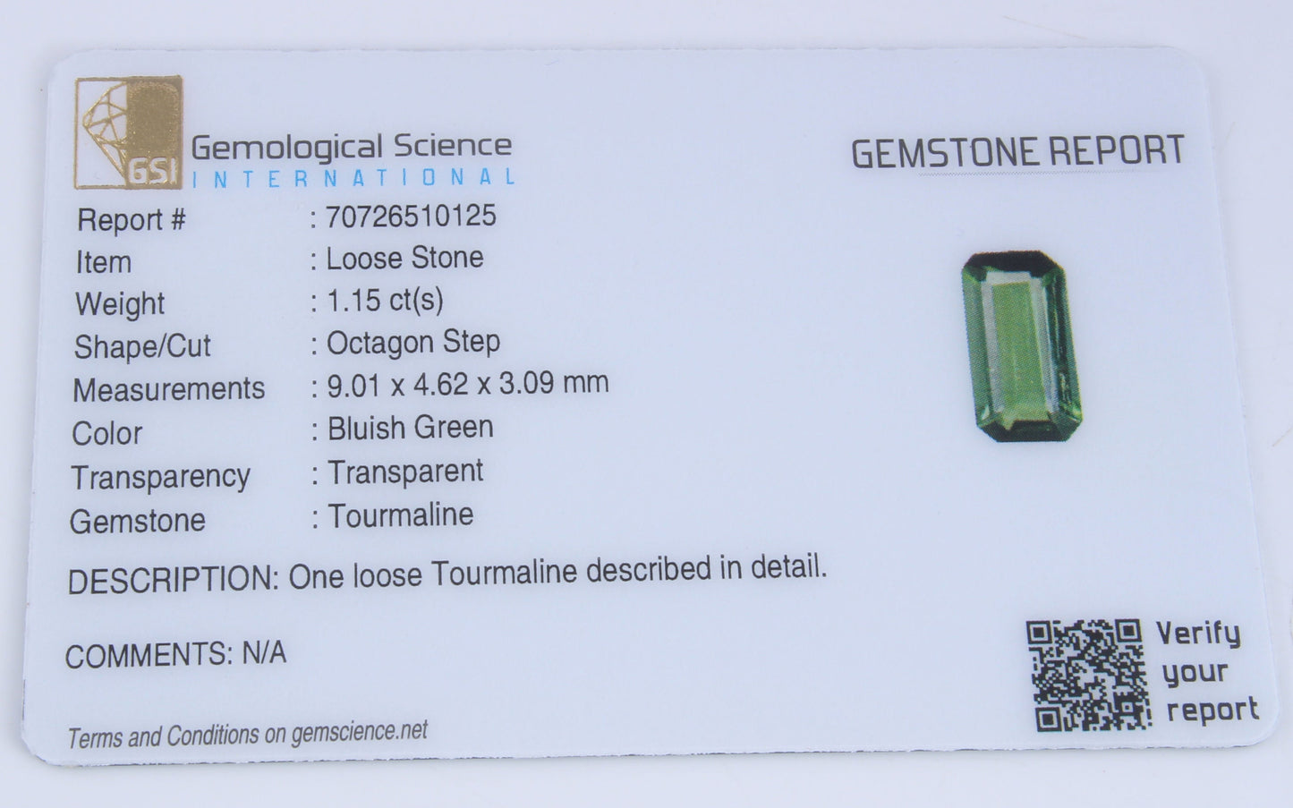 GSI Certified Natural Verdelite Tourmaline Octagon Cut 1.10 Ct Loose Gemstone, Green Tourmaline Unmounted Faceted Gemstone